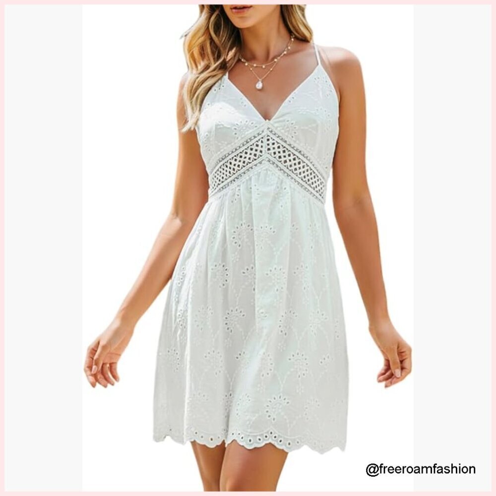 Cotton Halter Backless Lace Cutout Mini Dress Casual Summer Sleeveless